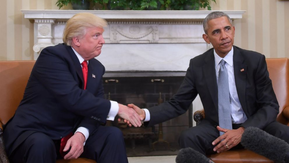PHOTO: President Barack Obama and President-elect Donald Trump shake hands during a transition planning meeting in the Oval Office on Nov. 10, 2016.